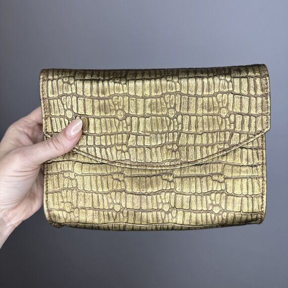 Paola Del Lungo Golden Crocodile Print Genuine Leather Shoulder Bag Italy - Picture 1 of 12